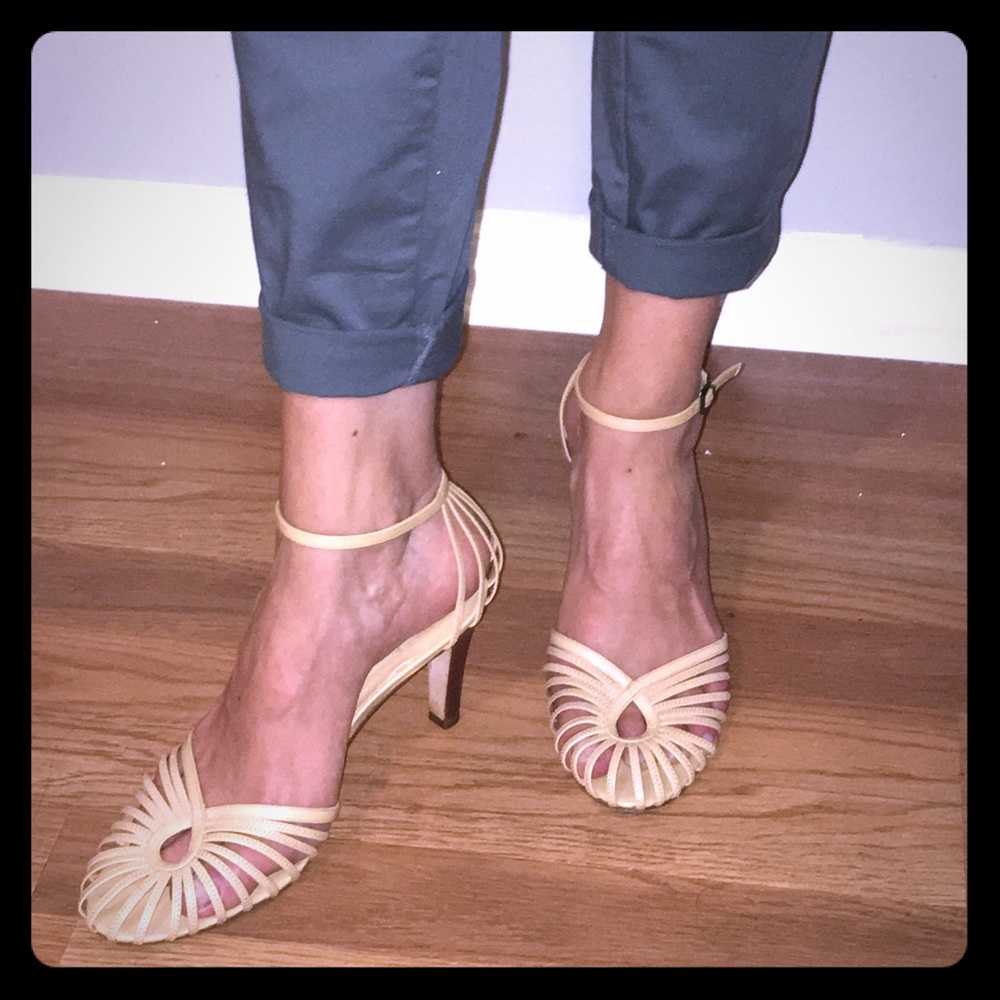 Genuine leather, nude, strappy heels. Sz 8-8.5